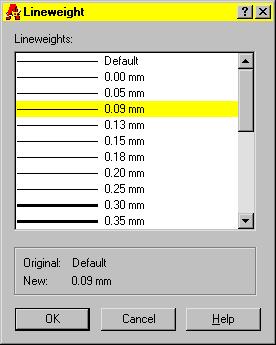 3 In the Lineweight dialog box, select a lineweight from the list. 4 Choose OK to exit each dialog box.