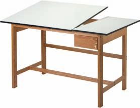 table. Thermally fused woodgrain birch low-pressure laminate top with steel end cleats. Base has hardboard dust cover to protect drawer contents. All four legs have floor protecting feet.