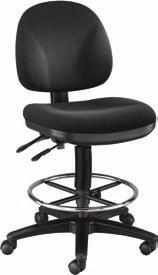 Features include pneumatic height control, a height- and depth-adjustable hinged backrest with polypropylene back shell, dual-wheel casters, and a 23 tubular chrome steel base with built-in foot ring.
