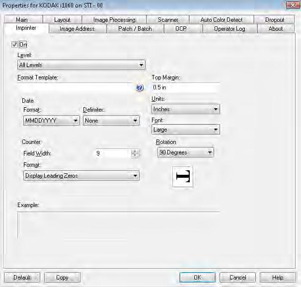 Imprinter tab The Enhanced Printer provides a vertical print capability and supports alphanumeric characters, date, image address, time, document count and custom messages.