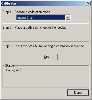Operations Calibrate displays the Calibrate dialog box which allows you to perform an Image Chain or UDDS calibration. Only calibrate the scanner when prompted to do so.