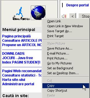 O adresă URL dintr-o pagină Web poate fi copiată în Clipboard similar copierii unei imagini dar alegându-se din meniul contextual