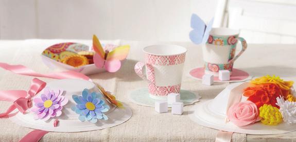 Tea Party Crafts Serving Bowl Teacups Saucer Saucer Sugar Cubes Tea Party Hat Tea Party Hat Teacups What you'll need White plastic cups Wa shi tape (½-in.-wide or ⅝-in.