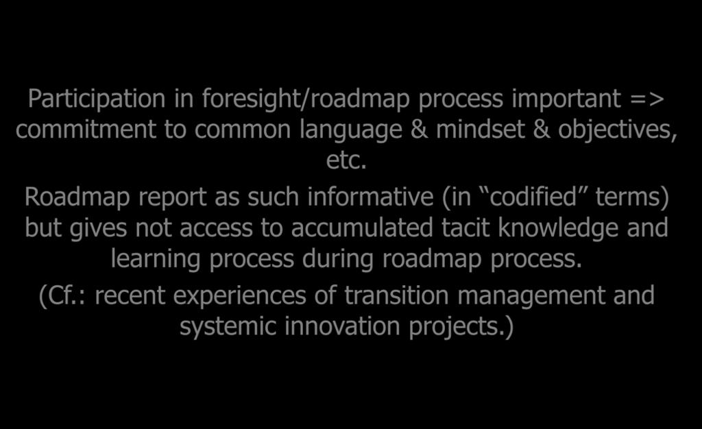 Foresight as cumulative learning process -- SECI model (Case: Nordic H2 Foresight) Tacit Socialization Dialogue Tacit Externalization Tacit Tacit Field building Internalization Core group Project