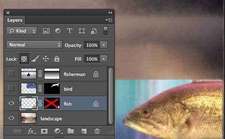 DIGITAL IMAGING I UNIT 4 2 05. Turn off the fish Layer Mask by holding down the shift key and clicking on the mask icon to the right of the fish image. A red X will appear over the mask.