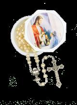 with padded cover, bookmark and prayer card, a rosary box, rosary,