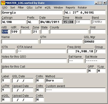 QSO Entry Window Information generated by packet spot: Callsign (can be entered manually) Once call is entered other info generated by internal data base: Country, heading/distance, prefix, QSL