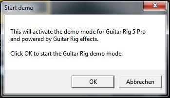 New Demo Mode Whenever you drag and drop a demo component into the Rack, GUITAR RIG will ask you whether to start Demo mode or not. The Demo mode starting dialog.