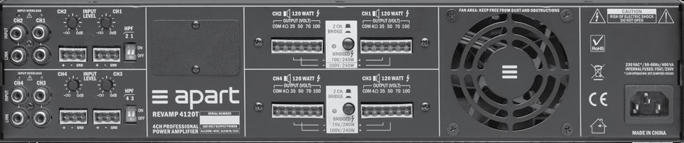 8 CLASS-D POWER AMPLIFIER Connections 1 3 5 7 10 11 12 13 4 9 2 6 8 14 Only channel 1 and 2 are explained. Channel 3 and 4 are functionally identical to 1 and 2. 1. Channel 2 overload led: when this led lights up, you are overloading the input.
