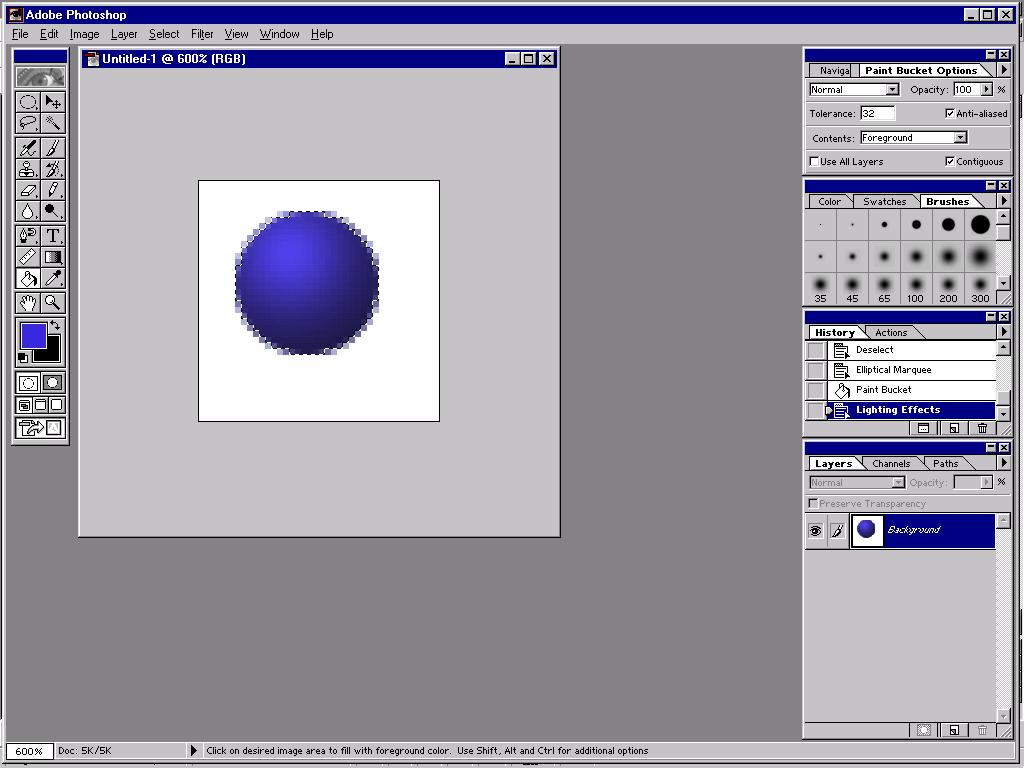 Now magnify it to a larger size (it makes doing the drawing bits a lot easier; use Ctrl- +; note that Photoshop seems to crash at certain sizes when drawing the ball!