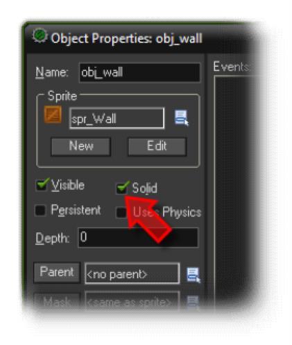 Page 7 of 19 Click on the Name field and rename the object to "obj_wall". Click on the menu icon at the end of the Sprite field and in the list of available sprites select the "spr_wall" sprite.