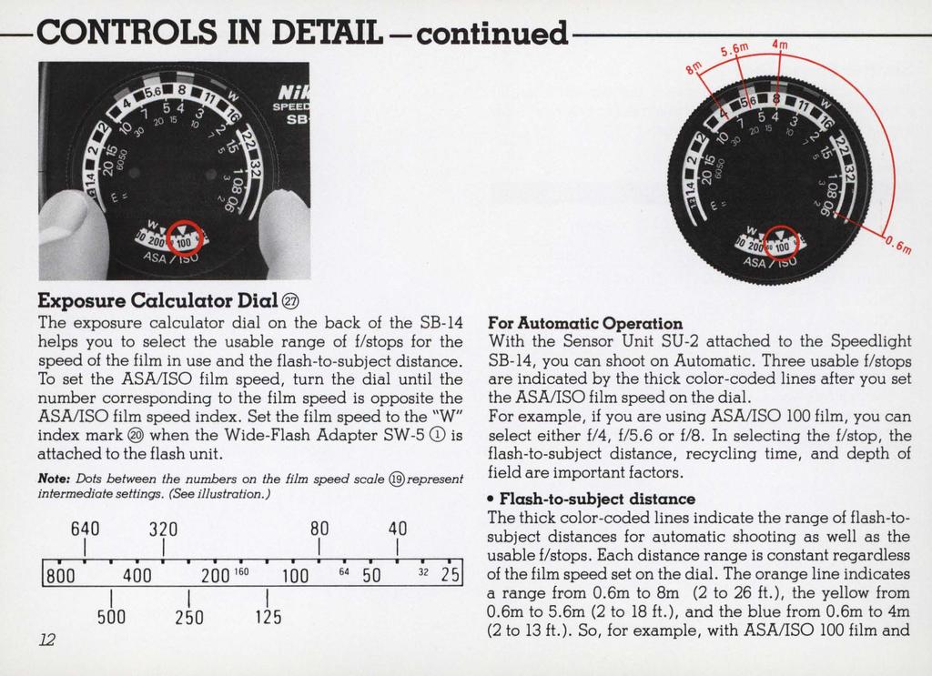 CONTROLS IN DETAIL-continued--------:----- Exposure calculator Dial @ The exposure calculator dial on the back of the SB-14 helps you to select the usable range of /stops for the speed of the film in