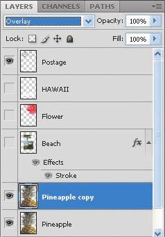 A layer called Pineapple copy appears above the Pineapple layer in the Layers panel. 3 With the Pineapple copy layer selected, choose Overlay from the Blending Modes menu in the Layers panel.
