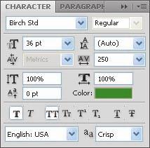 4 In the Tools panel, select the Horizontal Type tool ( ). Then, choose Window > Character to open the Character panel.