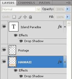 6 Press Alt (Windows) or Option (Mac OS) and drag the Effects line down onto the HAWAII layer.