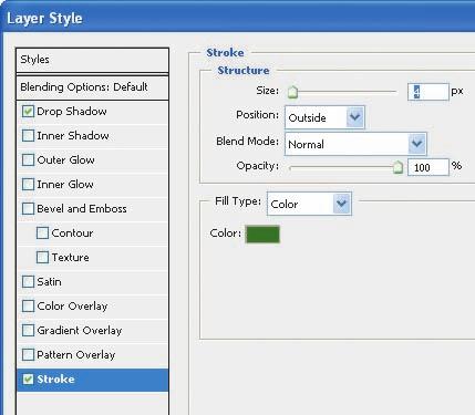 8 In the Structure area of the Layer Styles dialog box, specify the following settings, and then click OK: Size: 4 px Position: Outside Blend Mode: Normal Opacity: 100% Color: Green (select a color