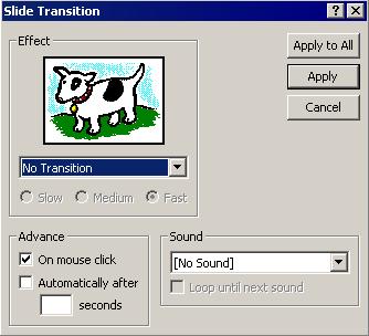 Animaţia trecerii de la un slide la altul Dacă prezentarea conţine mai multe slide uri trebuie stabilită şi cea de a doua metodă de animaţie ( Animaţia trecerii de la un slide la altul ).