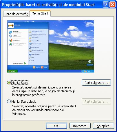 În sistemele de operare Windows XP şi Vista butonul START poate avea 2 forme: cea clasica întâlnita la toate Windows-urile şi cea specific de XP sau Vista.