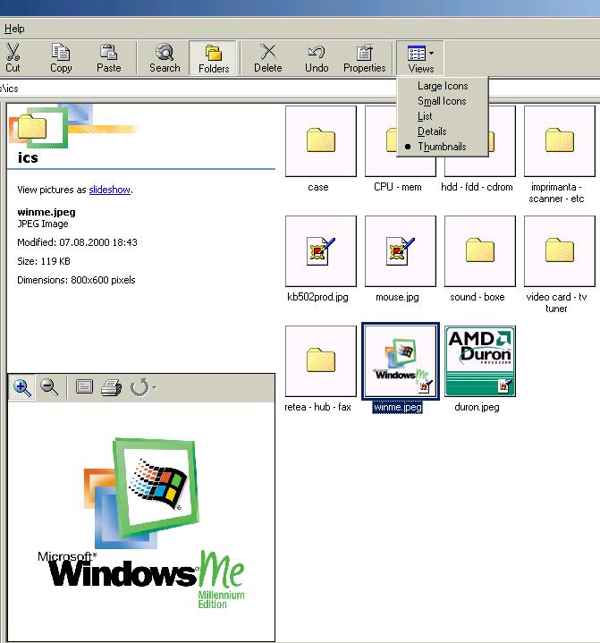 pictogramele mici sub formă de listă cu informaţii despre ele Thumbnails specific numai pentru Windows ME, se