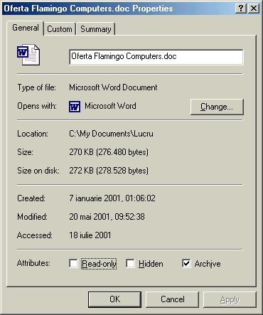 un fişier sau un folder Aici se pot vedea (pentru WIN 95/98/NT) numele autogenerat de Windows pentru obiectele sale care au mai mult de 8 caractere în nume sau care conţin spaţiu.