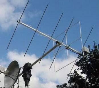 Fig 3:- The 2m X-Quad fitted on the boom relative to the dish and with the pre-amp in the correct position TIP As indicated earlier if the securing clamps to the vehicle are not fully tightened it is