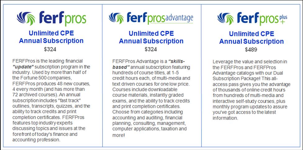 NEWS from headquarters FERFPros FERFPros is an online subscription program providing unlimited CPE credits via online distance learning courses. Working in partnership with SmartPros Ltd.