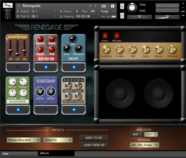 Global Settings The Effects Tab (bottom of interface) allows you access to pedal effects, two different amp heads, and speaker selections.