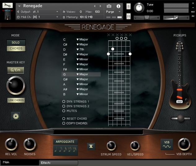 Overview Renegade has two playing modes, accessed by the Solo/Chords Button: SOLO lets you play the guitar normally (no