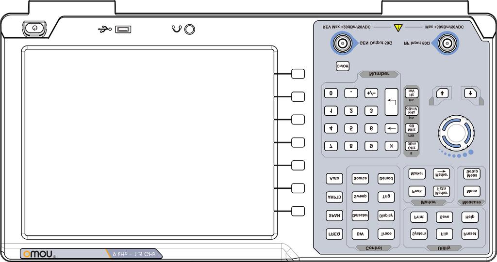 5.Quick Start 5. Quick Start This chapter introduces the front / rear panel, the user interface and explains how to use the instrument with a measurement example demonstration. 5.1 Front Panel 1 2 3 4 5 13 12 11 10 10 Figure 5-1 Front panel 9 8 7 6 Table 5-1 Front Panel NO.