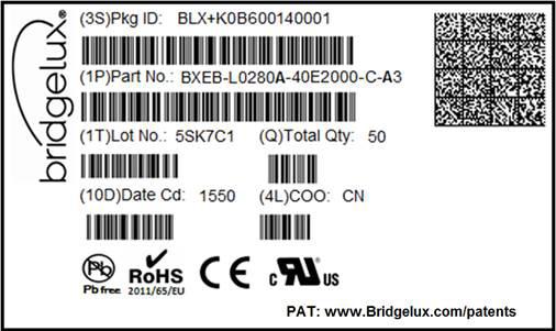 4 cm n/a 134 cm x 43.5 cm x 18 cm Figure 17: Product Labeling Bridgelux EB Series modules contain a label on the front to help with product identification.