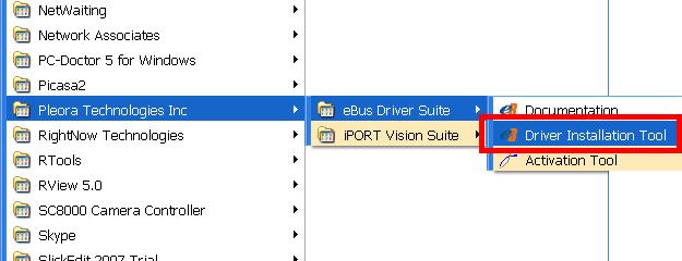 Chapter 3 Installation 3.2 Configuring Pleora v2.4 Launch the Driver Installation Tool located in the ebus Driver Suite group.