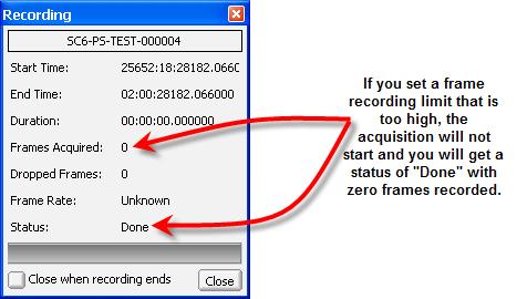 When specifying time it is still necessary to specify a max frame limit. The frame limit can be much higher than the number of frames needed to record the specified time.