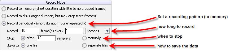 In addition to setting a number of frames or length of time for recording, the user can stop or start the recording
