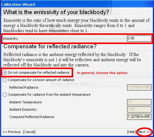 STEP 5: Set default blackbody emissivity and reflected radiance compensation options.