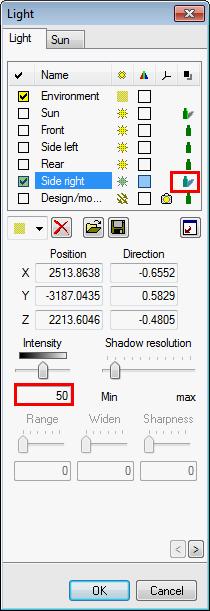 LIGHT SETTINGS IN THE PERSPECTIVE Start the menu of the PARAMETERS LIGHT SOURCE.