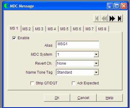 MDC Message Screen When the MDC Message entry from the tree bar is accessed, the following screen appears: Alias Allows the ability to add a radio user recognizable description to be associated with