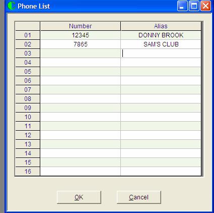Phone List Screen When the Phone List entry from the tree bar is accessed, the following screen appears: The Phone list Page allows you to add and delete phone numbers and correlating alias, to the
