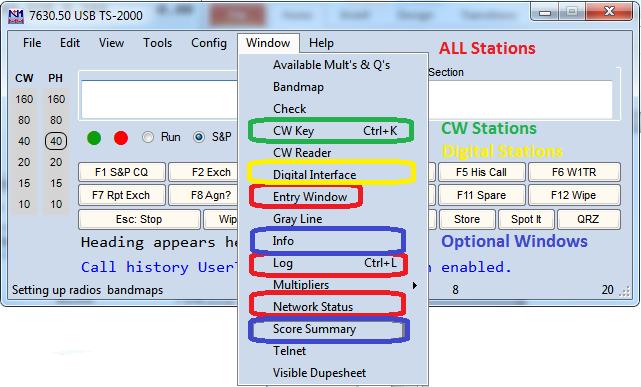 Ac@vate N1MMplus Windows All Sta8ons Use Entry Window (Default Window, already set up) Network Status to enable networking and know what other sta@ons are doing Log Window to see what has been logged