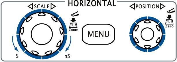 HORIZONTAL MENU: press this key to turn on the horizontal control menu under which to turn on or off the delayed sweep function, switch between different time base modes, switch between Coarse and