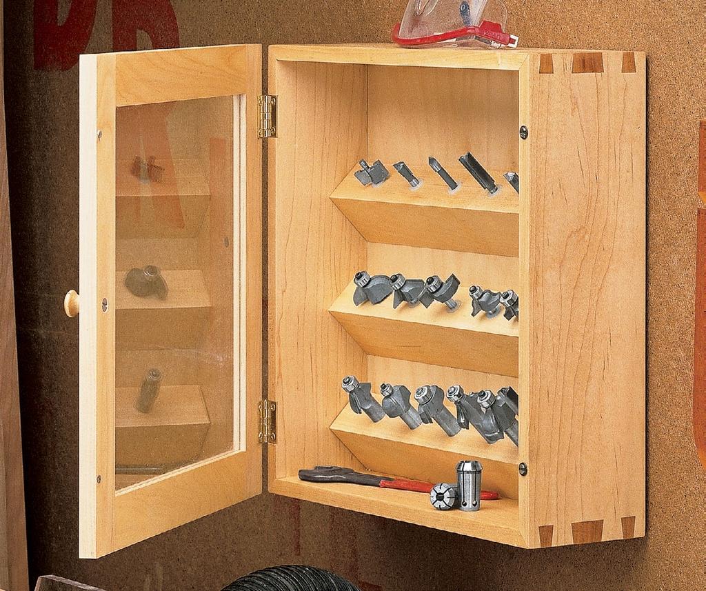 Feature Project Router Bit Cabinet Dovetail keys at the corners reinforce the joints to make a stronger cabinet. Plus, a clear, plastic door panel lets you see what s inside.