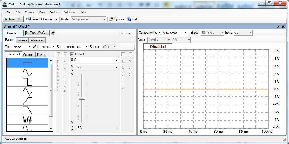 Click on the WaveGen icon in the WaveForms main window to open the waveform generator window. This window should appear approximately as shown below: 2.