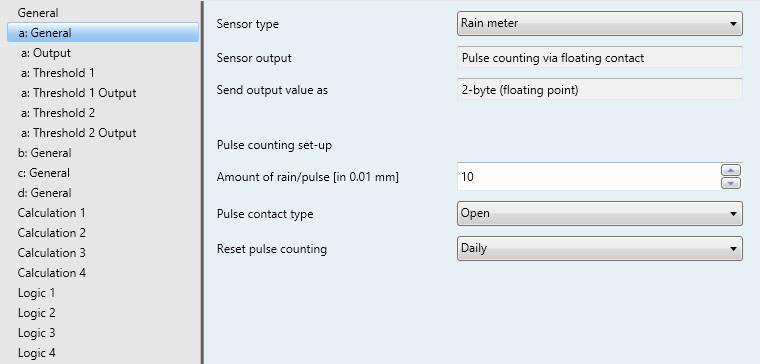 Pulse counting set-up Amount of rain/pulse [in 0.01 mm] 0...10...255 The amount of rain per pulse is set using this parameter. Amount of rain = Option multiplied by 0.