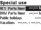 Operation Turn the rotary switch to (special times-of-use). The party timer for the first control circuit is now selected. TT Select 'Vacations'. ¼¼ Start the vacations setting.
