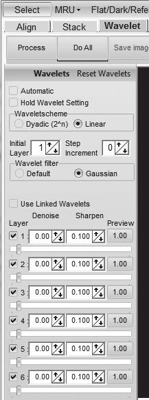 Next, move to the wavelet processing screen by clicking on the Wavelet tab (G). See Fig 14. 8. On the wavelet page, use the wavelet-sliders (H) to enhance the image.