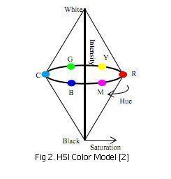 HSI Model The HSI color model, represents colors within a double-cone space. (Fig 2). The vertical axis is intensity, which represents variations in the lightness and darkness of a color.
