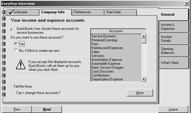 8. Now that QuickBooks has set up your company file, you will have to choose which accounts you want QuickBooks Basic 2002 to create for your business.