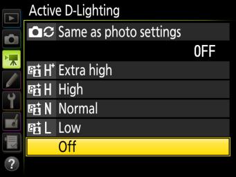 Before Recording l l Active D Lighting Use Active D Lighting to preserve details in highlights and shadows when filming high-contrast scenes, for example when shooting through a window or at the