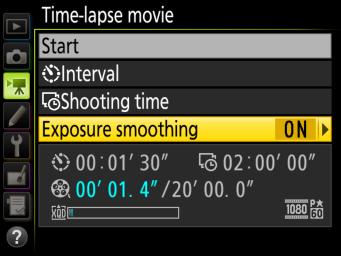 Time-Lapse Movies Exposure smoothing: Select On to smooth abrupt changes in exposure in modes other than M (note that exposure smoothing only takes effect in mode M if auto