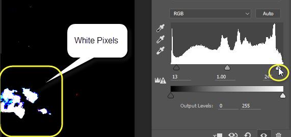 Now, do the same with the white slider, press and hold the alt key while dragging the white point to the left. When pixels appear that are completely white, they will show up as white on the screen.