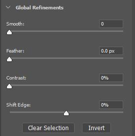 Global Refinements The Global refinements section will allow users to shift the selection edge in or out by sliding one or more, of the following sliders.